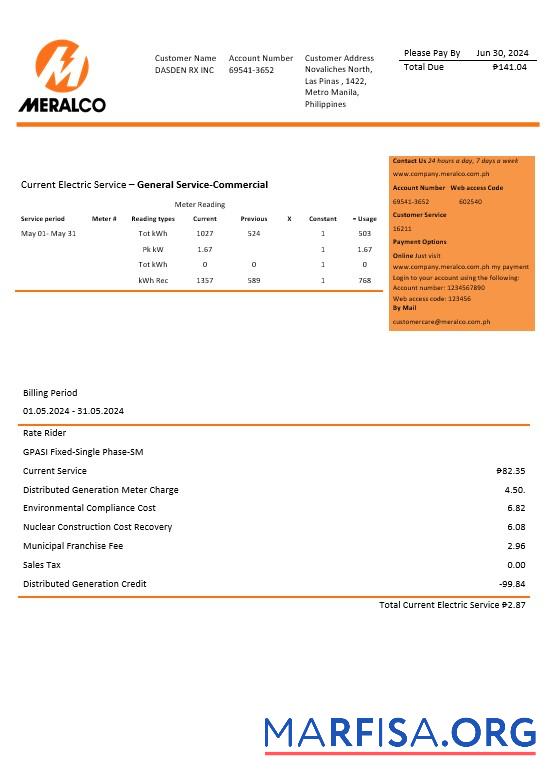 Printable Philippines Manila Electric Company (Meralco) electricity business utility bill Word and PDF template
